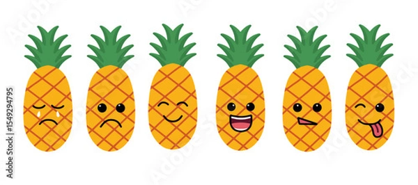 Fototapeta Cute pineapple emoticons set fruit expressions. Hand drawn Kawaii pineapple characters