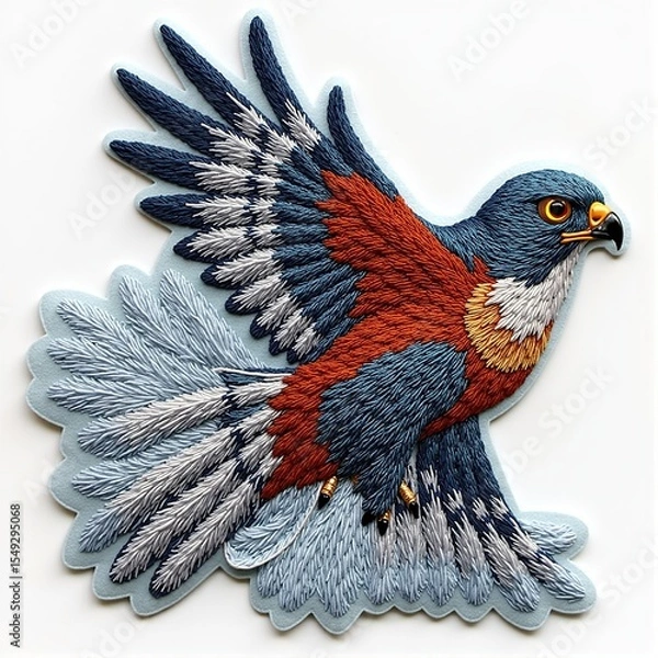 Fototapeta Majestic bird of prey soars with intricately detailed feathers in a vivid, textile art style.
