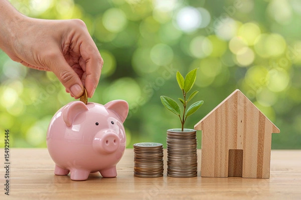 Obraz Hand Inserting Coin into Piggy Bank with Wooden House and Coin Plant for Financial Growth Concept
