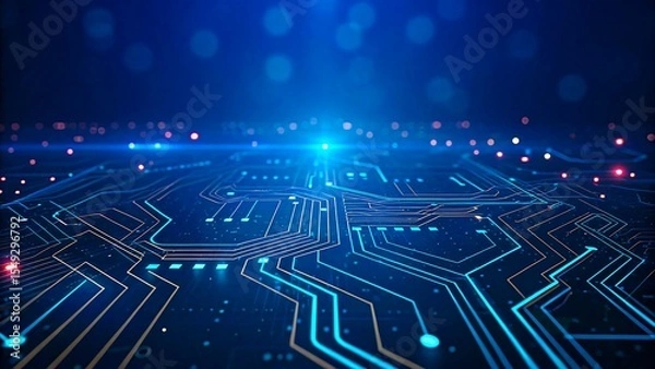 Fototapeta Futuristic digital circuit board with glowing blue lines and data connections in a high-tech technology background
