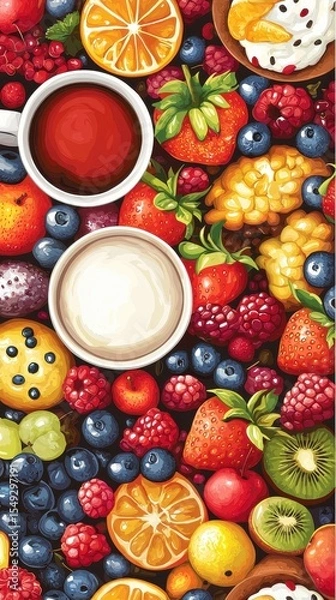 Fototapeta Colorful Arrangement of Fresh Fruits and Beverages on a Table