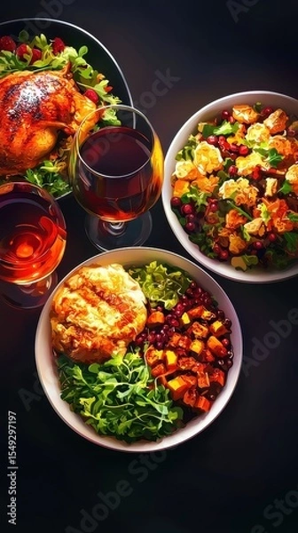Fototapeta Colorful and Nutritious Feast with Fresh Ingredients on Dark Table