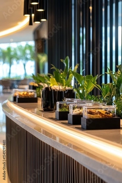 Fototapeta Elegant Modern Lobby with Fresh Plants and Snacks Displayed