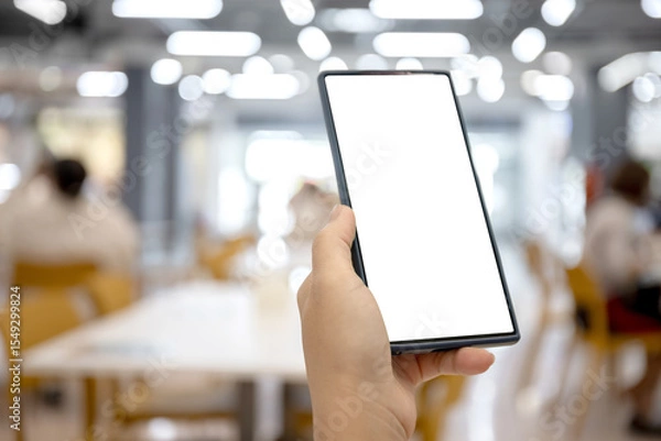 Fototapeta Smartphone with blank screen held in hand at food court, Restaurant in a shopping mall, Blurred background with people, Perfect for mobile app or banner website content placement