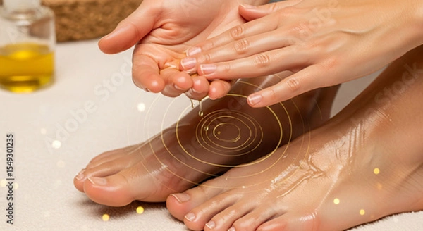 Fototapeta Close-up of hands rubbing oil between palms in slow motion, then gently applying oil to a pair of clean, moisturized feet with glistening skin, soft circular motion over the soles, skin care, feet