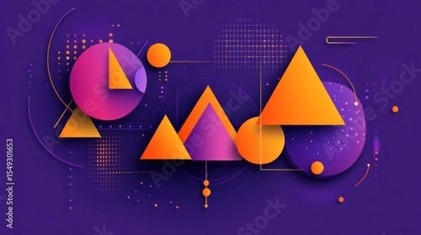 Fototapeta Geometric composition with triangles and circles in vibrant orange and purple hues, modern abstract background for creative designs and presentations