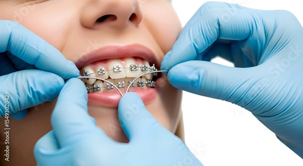 Obraz A close-up of a young Caucasian girl with braces, smiling while a dentist adjusts the orthodontic wire. The background is transparent, highlighting the dental procedure.