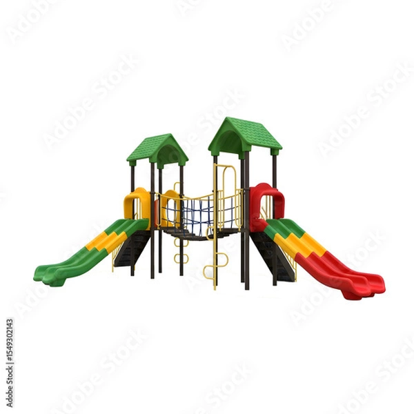 Obraz Colorful playground equipment with two slides, one green and one red, and a climbing structure. Designed for children's play and outdoor activities.