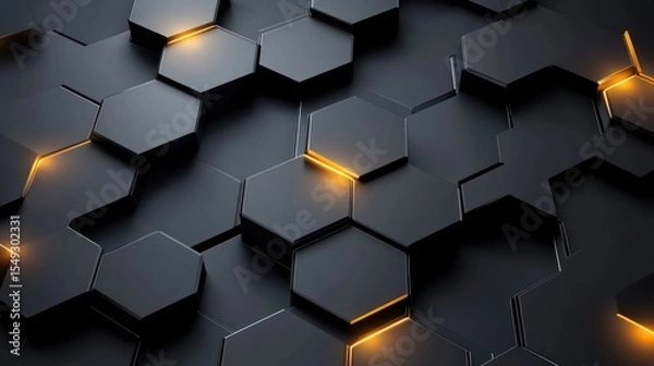 Fototapeta Abstract dark hexagonal pattern with golden accents rendering, a futuristic tech inspired background