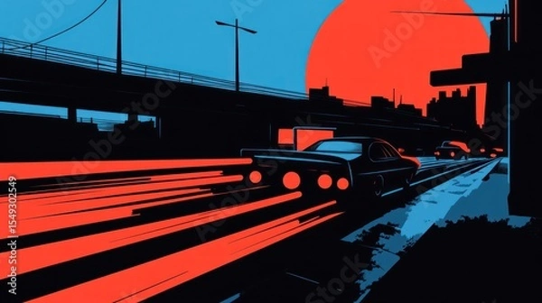 Fototapeta Retro Cars on the Highway with Setting Sun, A Nostalgic American Landscape Art