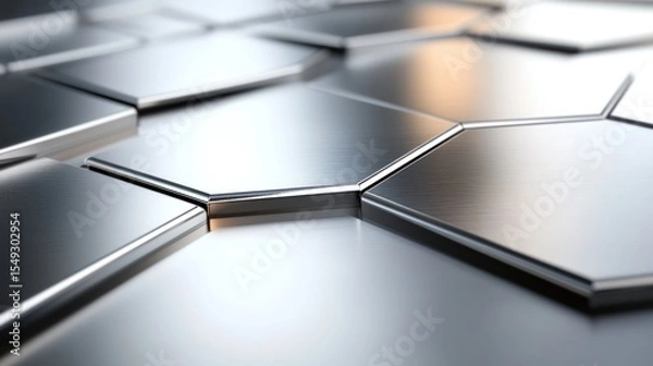 Fototapeta Close-up of Silver Metal Hexagonal Tiles, Reflective Surface Pattern