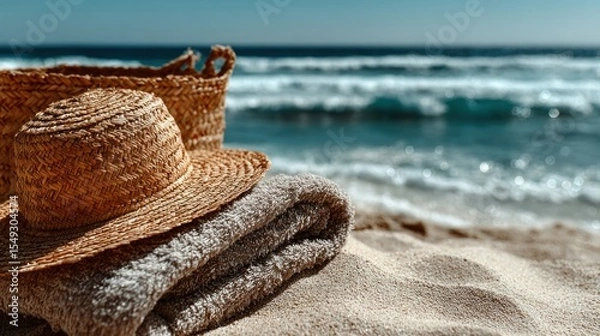 Fototapeta Beach items on sand near ocean