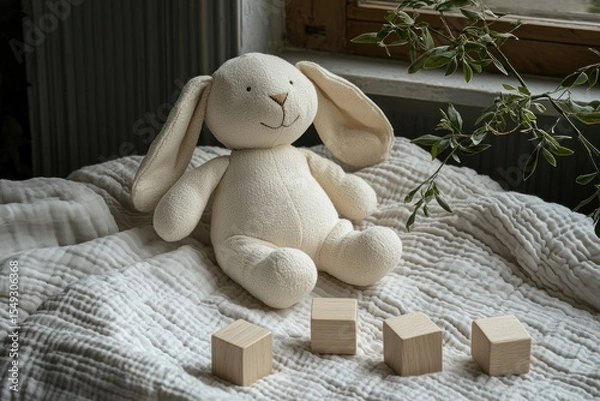 Obraz Cream-colored bunny toy sits on a cream-colored blanket with wooden blocks