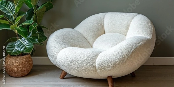 Obraz Cream-colored, fluffy armchair with a rounded, flower-like shape, nestled in a room with a large potted plant