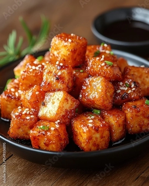 Obraz Crispy, golden-brown, cubed food, glazed with a sweet, savory sauce, topped with sesame seeds and green onions, on a dark plate