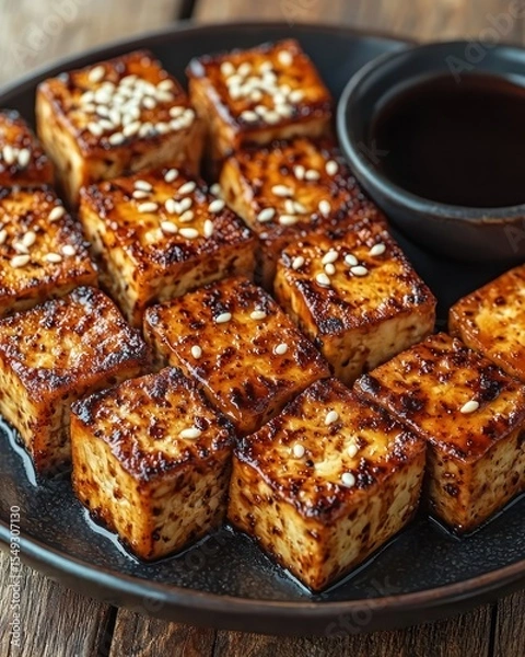 Obraz Crispy tofu cubes, glazed and seasoned,  with sesame seeds.  Small bowl of dark sauce