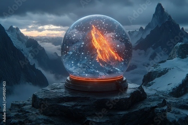 Obraz Crystal sphere, fiery peak, mountain range