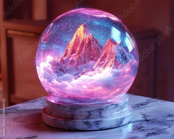 Obraz Crystal sphere, luminous mountain.  Pink, glowing clouds.  Marble base.  Mystical, surreal