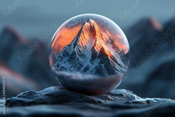 Obraz Crystal sphere cradles a majestic mountain peak, snow-capped and vibrant
