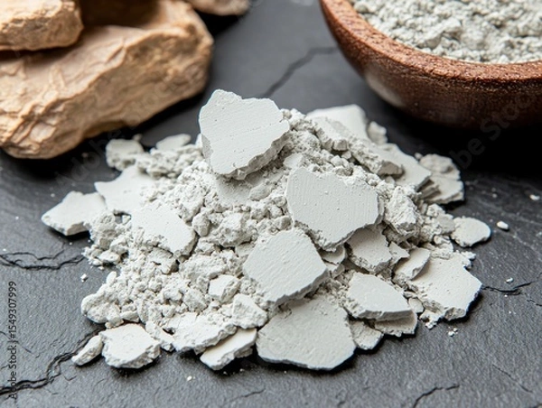 Obraz Crushed light gray clay powder on dark stone, with chunks of raw clay