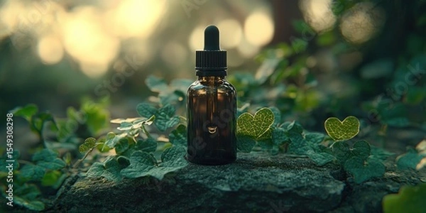 Obraz Dark amber dropper bottle rests on mossy rocks amongst lush greenery. Soft sunlight filters through the foliage