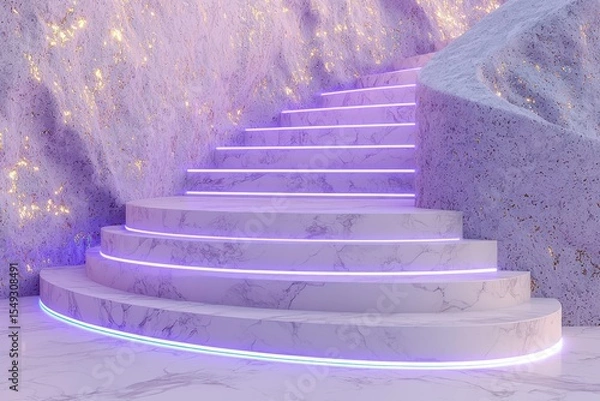 Obraz Curved marble staircase with purple neon lighting, set in a soft purple and gold cave-like environment
