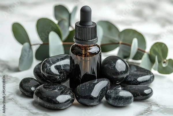Obraz Dark amber dropper bottle nestled amongst smooth black stones and eucalyptus leaves on a white marble surface
