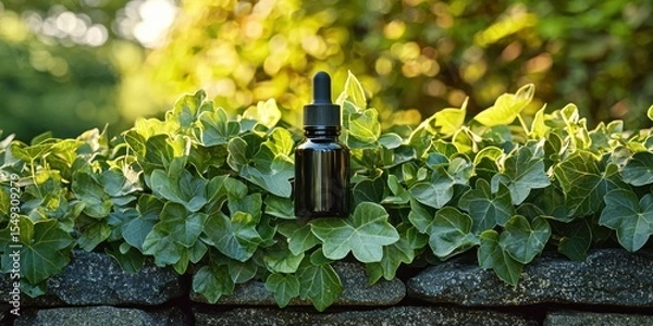 Obraz Dark bottle with dropper sits on stone wall amidst lush greenery