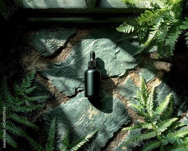 Obraz Dark bottle dropper on a stone surface surrounded by fern foliage in dappled sunlight