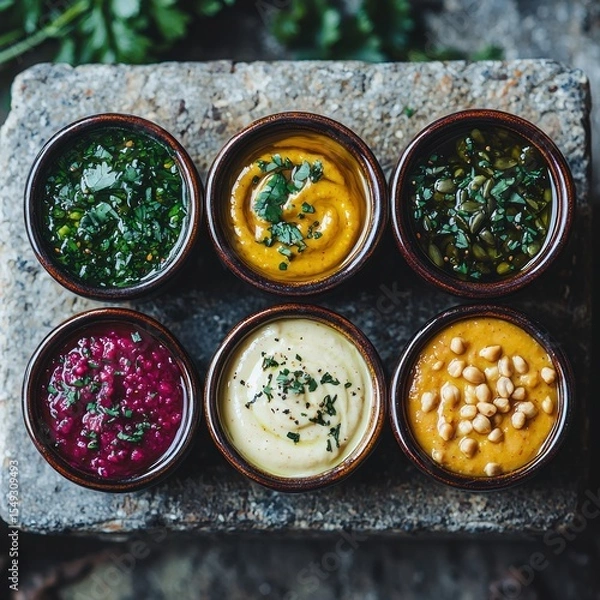 Obraz Assorted small bowls of vibrant dips