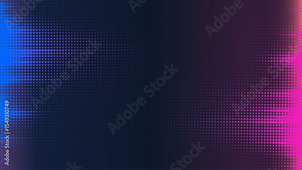 Fototapeta Abstract halftone dots vector with neon pink and blue glow, horizontal gradient, radial pixel spread, retro screen tilt, and smooth transition