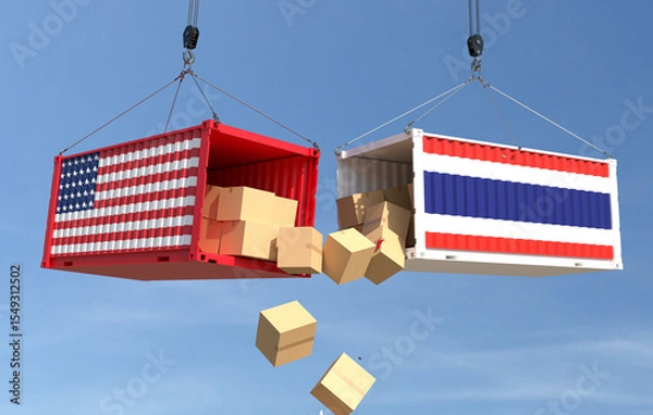 Fototapeta Trade conflict concept with American and Thailand cargo containers crash. 3D illustration