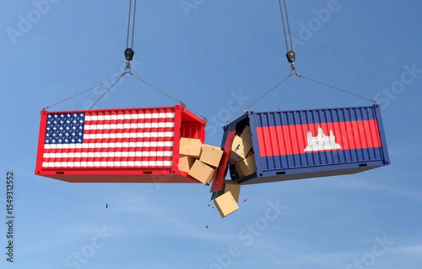 Fototapeta Trade conflict concept with American and Cambodia cargo containers crash. 3D illustration