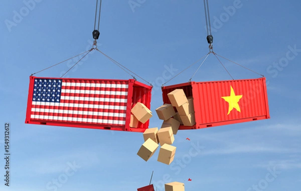 Fototapeta Trade conflict concept with American and Vietnam cargo containers crash. 3D illustration