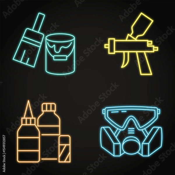 Obraz Craft and painting tools neon icon set