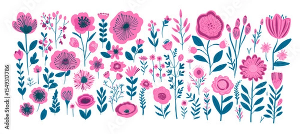 Obraz Set of different pink vector flowers . hand drawn. Not AI, Vector illustration