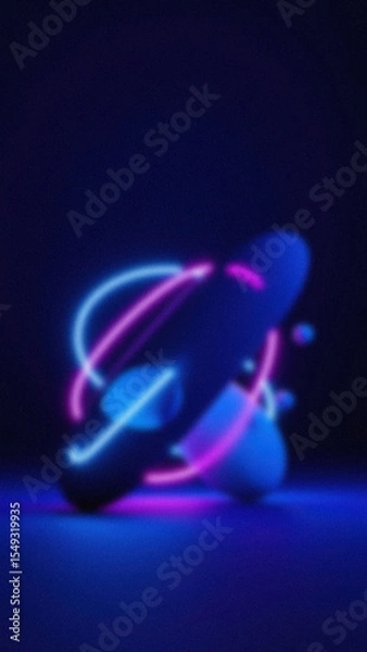 Obraz Abstract dark blue background featuring blurred geometric shapes encircled by glowing neon pink and blue lines