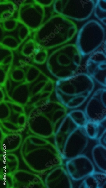Obraz Abstract background with a blurred pattern of interconnected glowing circles in green and blue against a dark backdrop