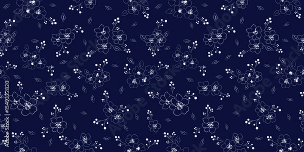 Fototapeta Seamless dark floral pattern with white abstract flowers on blue background for elegant textile, wallpaper, wrapping paper and digital use. editable