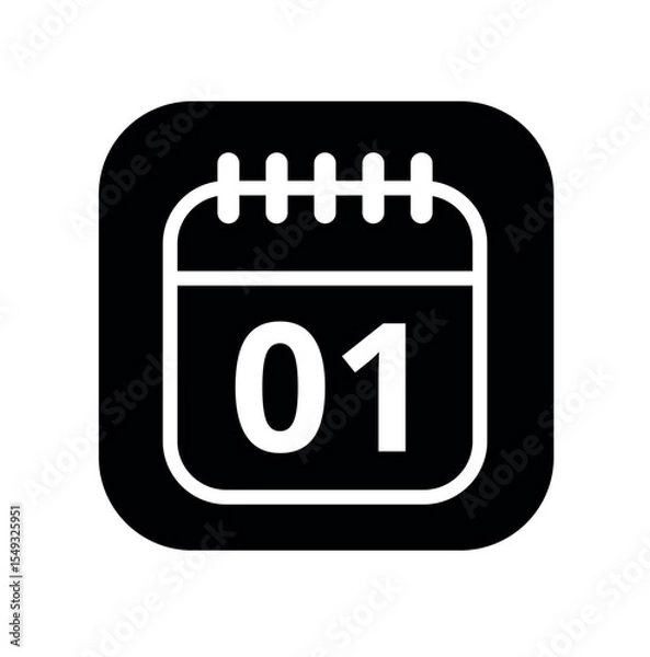 Fototapeta White hollowed out calendar icon isolated on black background for websites and graphic resources. Calendar flat icon with specific day marked, day 01.