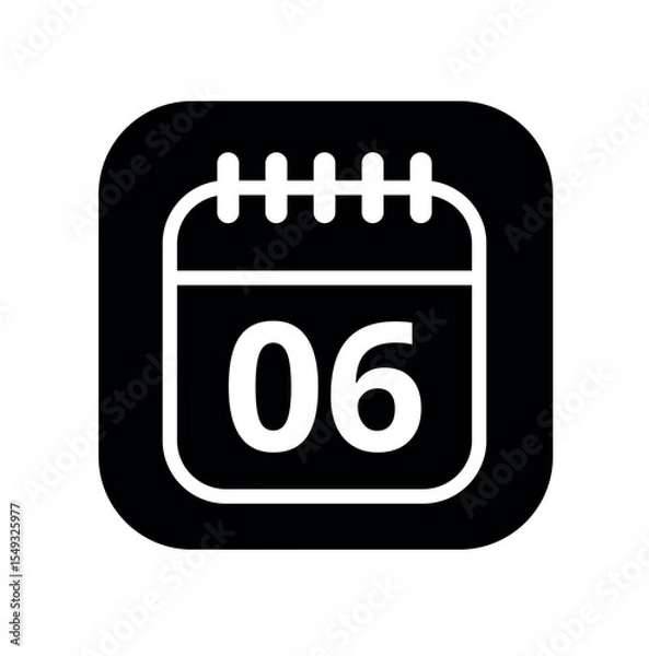 Fototapeta White hollowed out calendar icon isolated on black background for websites and graphic resources. Calendar flat icon with specific day marked, day 06.