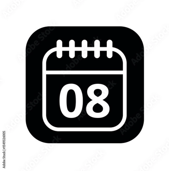 Fototapeta White hollowed out calendar icon isolated on black background for websites and graphic resources. Calendar flat icon with specific day marked, day 08.