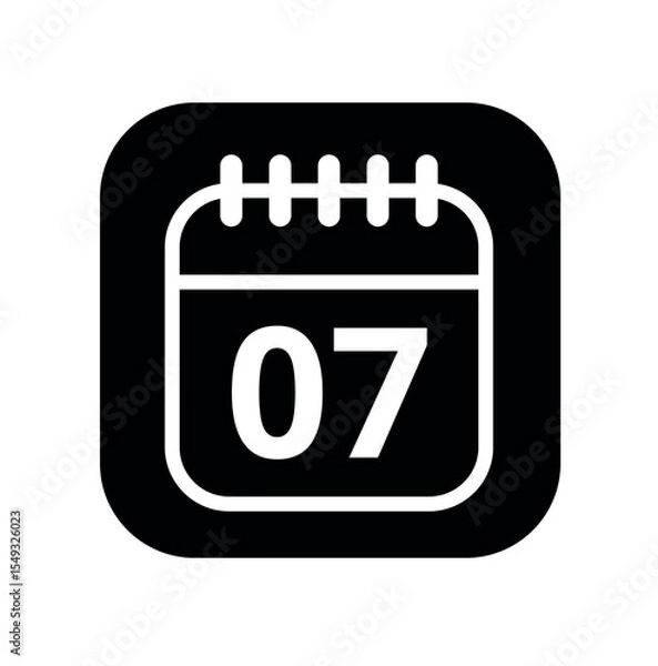 Fototapeta White hollowed out calendar icon isolated on black background for websites and graphic resources. Calendar flat icon with specific day marked, day 07.