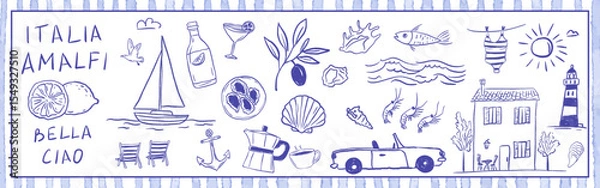Obraz Amalfi coast summer vacation set with lemon, oyster, lighthouse, car, limoncello and boat. Coastal lifestyle reflecting travel Italia spirit. Vector illustration in hand-drawn crayon sketch style.
