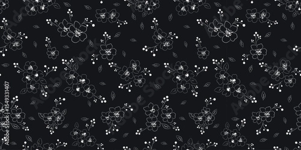 Fototapeta Seamless dark floral pattern with white abstract flowers on black background for elegant textile, wallpaper, wrapping paper and digital use.