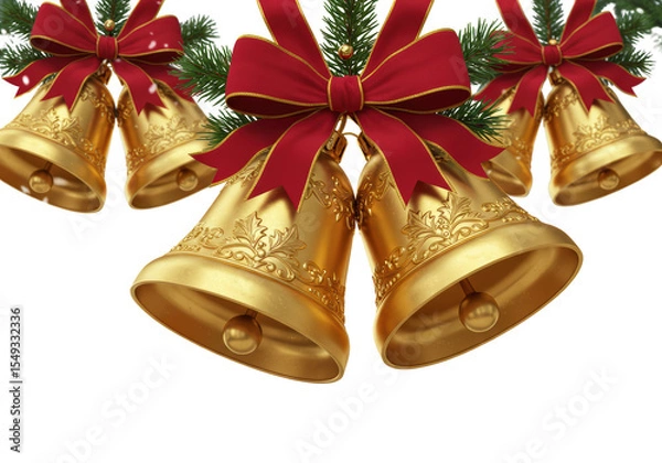 Fototapeta Isolated Group of Golden Christmas Bells Adorned with Red Bows and Pine Branches
