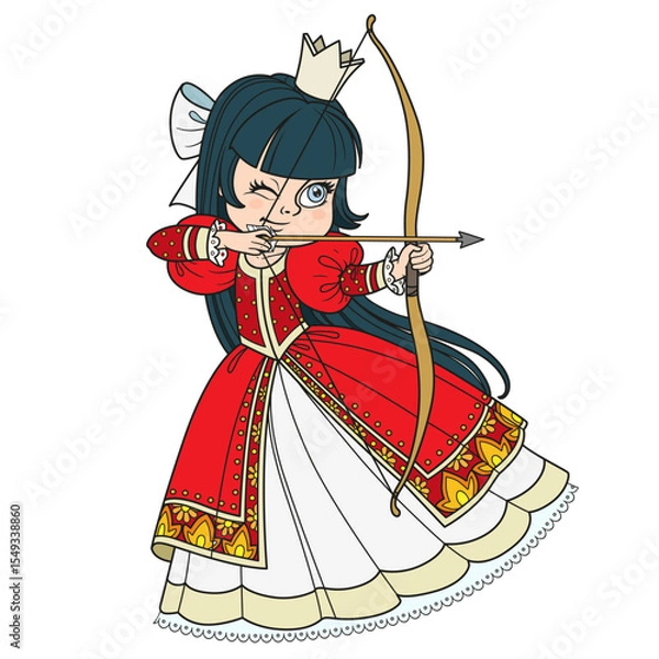 Obraz Beautiful brunette princess archer aims an arrow from a drawn bow on white background