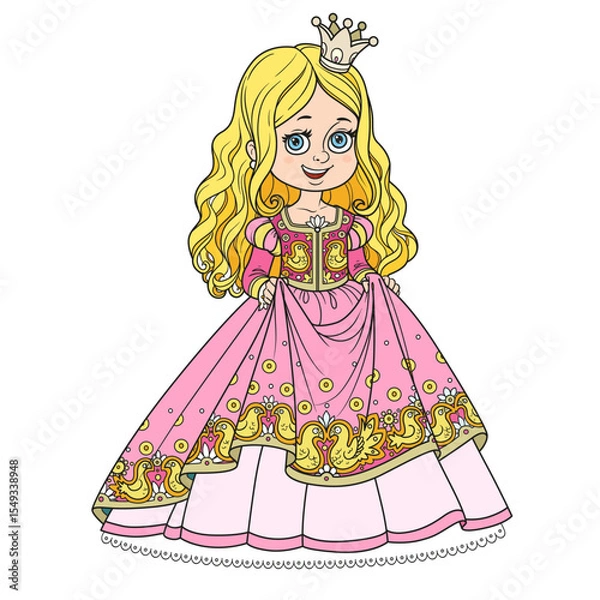 Obraz Beautiful little blond princess in ball dress decorated pattern with birds isolated on white background