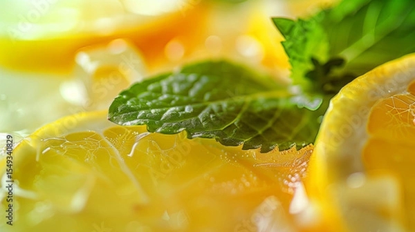 Obraz Macro Fresh Citrus and Mint: Close-Up of Textured Lemon Slices, Glossy Ice Cubes, and Fragrant Mint Leaves in Soft Natural Light, Creating a Refreshing Summer Atmosphere
