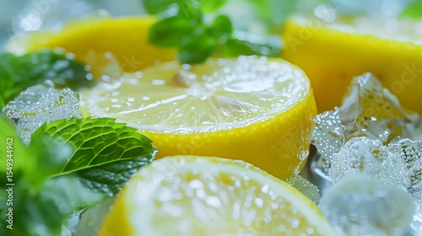 Obraz Macro Fresh Citrus and Mint: Close-Up of Textured Lemon Slices, Glossy Ice Cubes, and Fragrant Mint Leaves in Soft Natural Light, Creating a Refreshing Summer Atmosphere